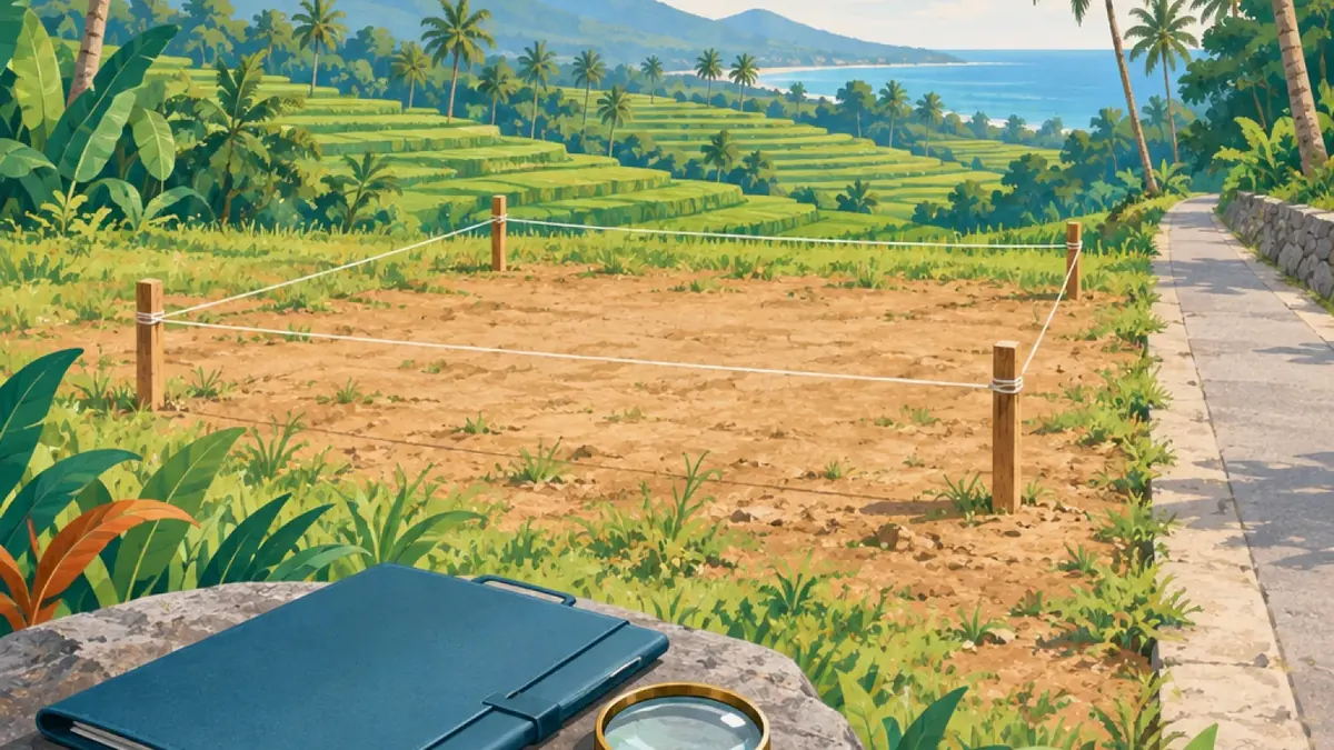Ilustrasi kavling tanah kosong bertanda patok di tepi sawah, dengan map dokumen dan kaca pembesar